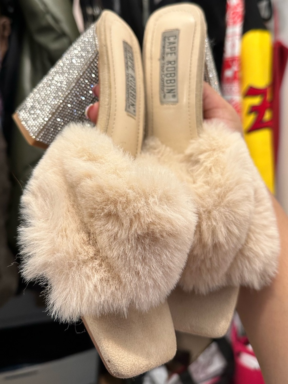 Faux Fur Slide Heels with Rhinestone Block Heel - Beige - Picture 3 of 3